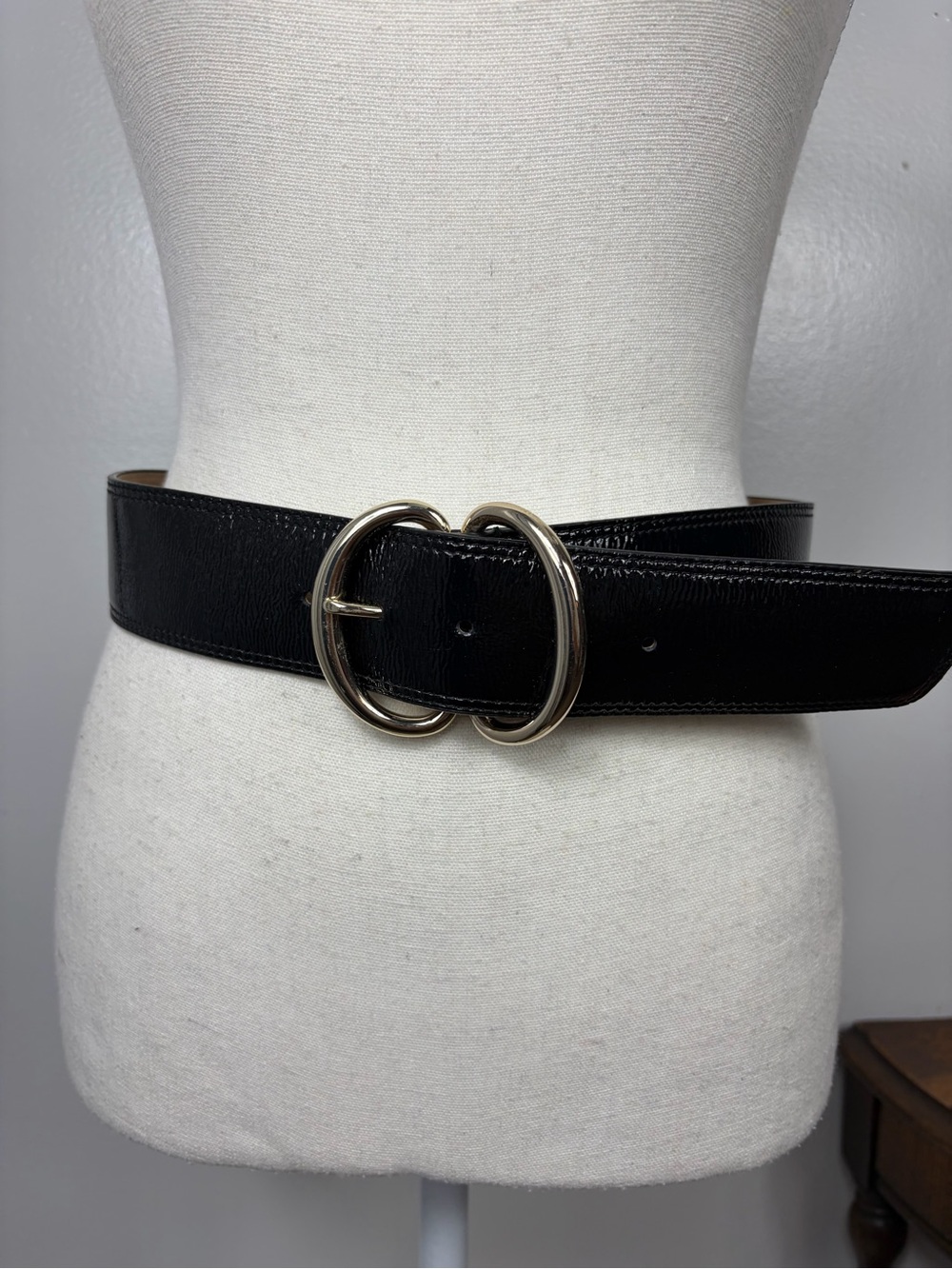 Vintage Patent leather Black Wide Belt with Double Ring buckle
